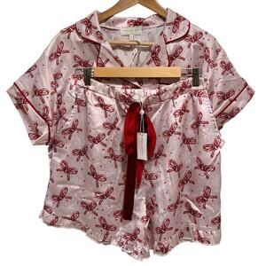 Simply Southern Candycane Bow Christmas Pajama Set Pink Satin XL Holiday PJs NWT